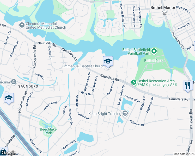 map of restaurants, bars, coffee shops, grocery stores, and more near 3 Kingwood Drive in Newport News