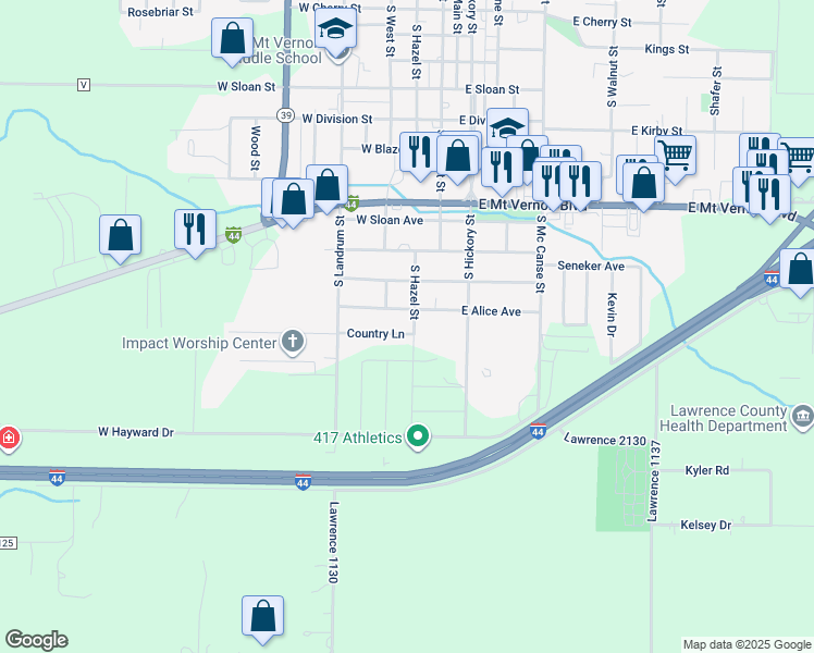 map of restaurants, bars, coffee shops, grocery stores, and more near 203 Country Ln in Mt Vernon