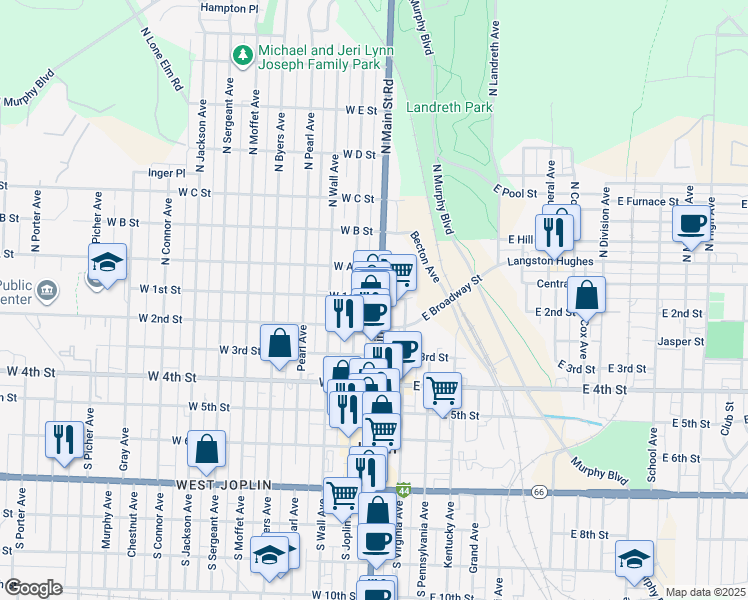 map of restaurants, bars, coffee shops, grocery stores, and more near 128100 West 1st Street in Joplin