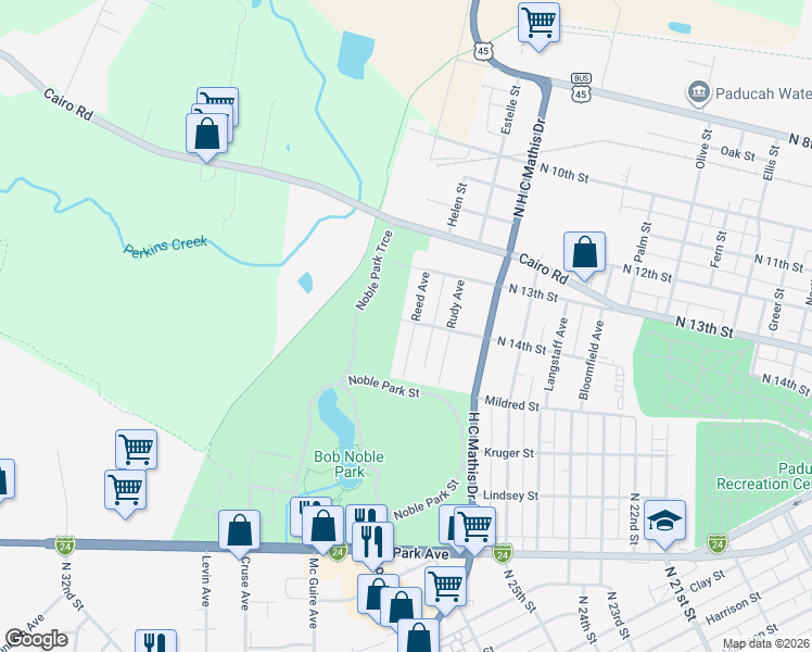 map of restaurants, bars, coffee shops, grocery stores, and more near 1401 North 14th Street in Paducah