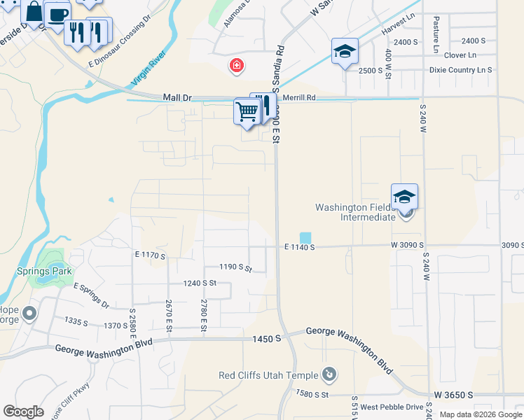 map of restaurants, bars, coffee shops, grocery stores, and more near 2970 East Moorland Drive in St. George