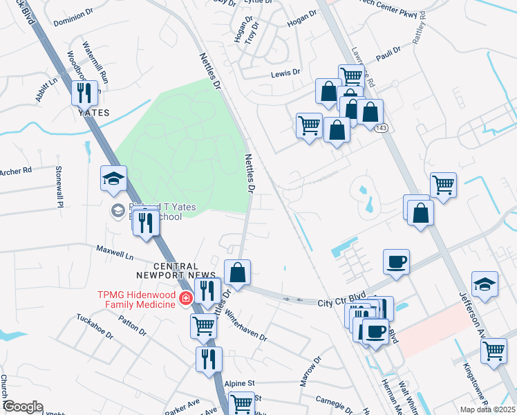map of restaurants, bars, coffee shops, grocery stores, and more near 12756 Nettles Drive in Newport News
