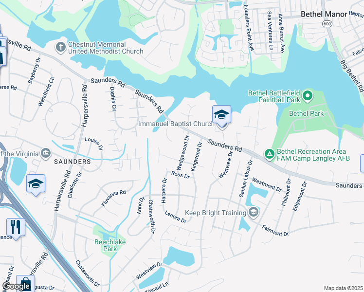 map of restaurants, bars, coffee shops, grocery stores, and more near 8 Wedgewood Drive in Newport News