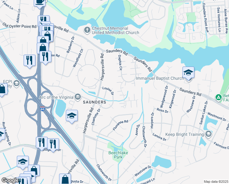 map of restaurants, bars, coffee shops, grocery stores, and more near 229 Louise Drive in Newport News