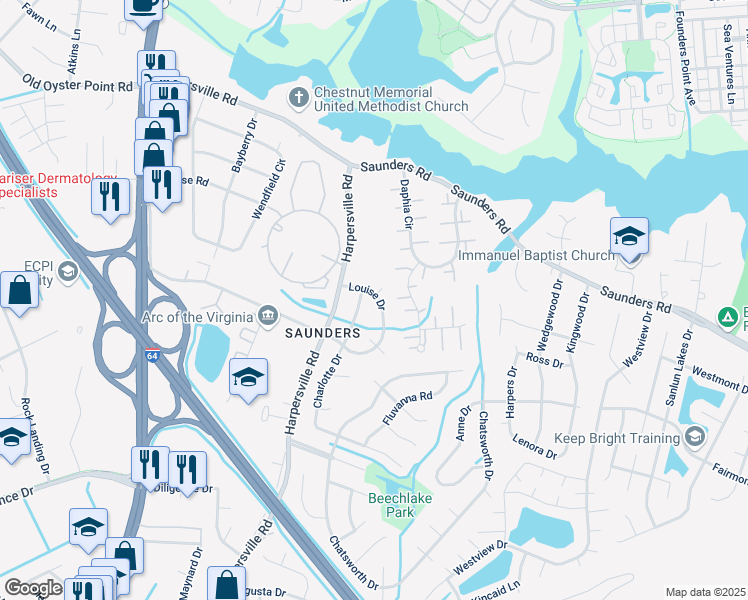 map of restaurants, bars, coffee shops, grocery stores, and more near 229 Louise Drive in Newport News