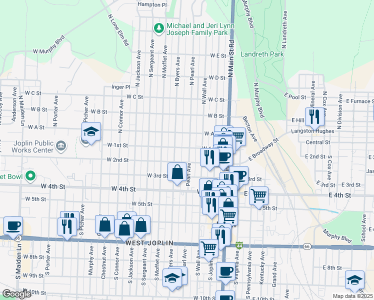 map of restaurants, bars, coffee shops, grocery stores, and more near 102 North Pearl Avenue in Joplin