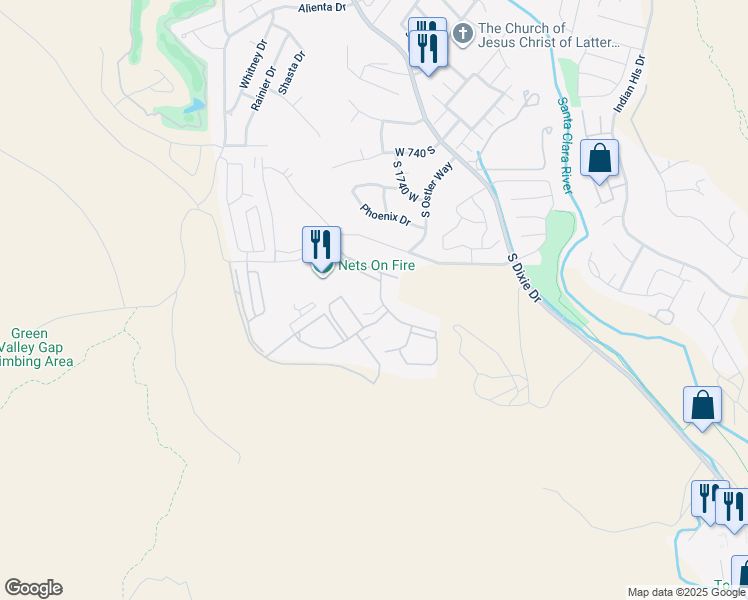 map of restaurants, bars, coffee shops, grocery stores, and more near 1845 West Canyon View Drive in St. George
