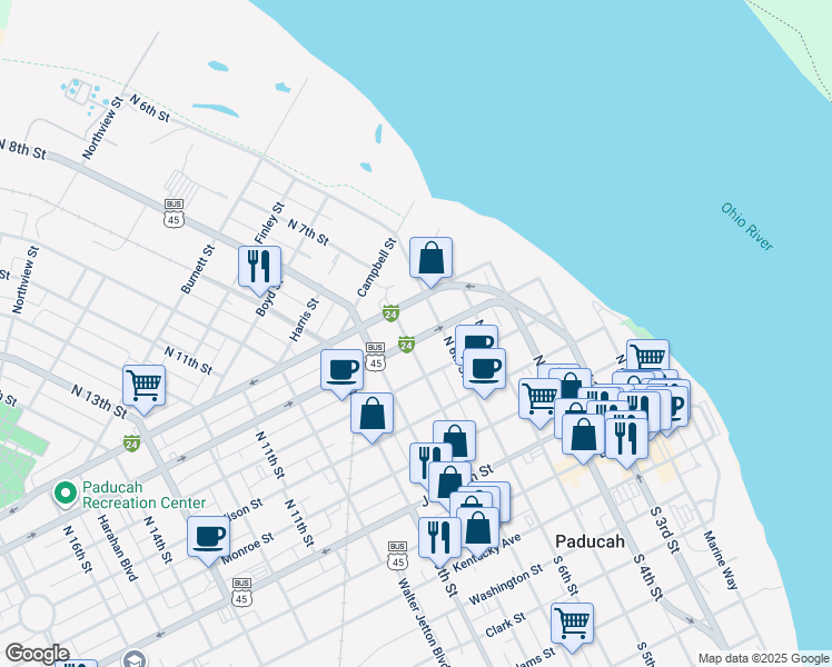 map of restaurants, bars, coffee shops, grocery stores, and more near 602 North 7th Street in Paducah