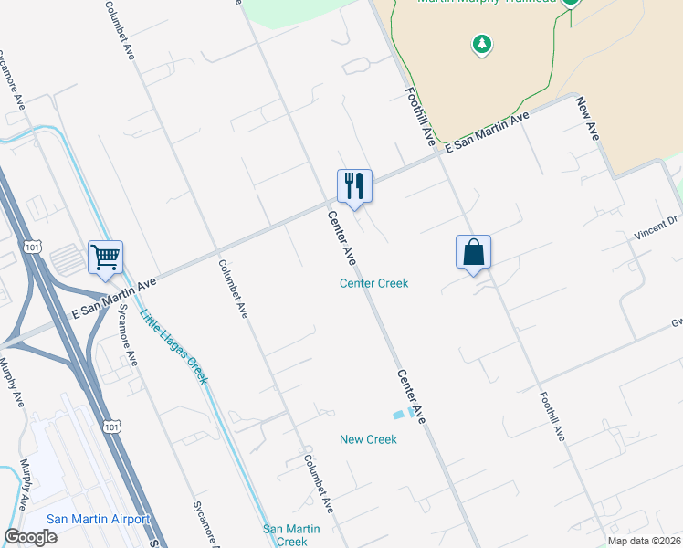 map of restaurants, bars, coffee shops, grocery stores, and more near 13040 Center Avenue in San Martin