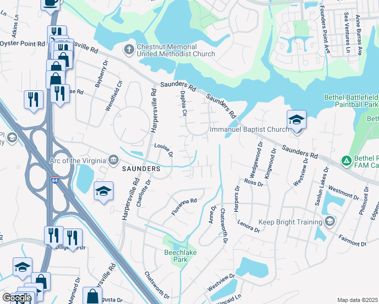 map of restaurants, bars, coffee shops, grocery stores, and more near 461 Saint Egnatios Drive in Newport News