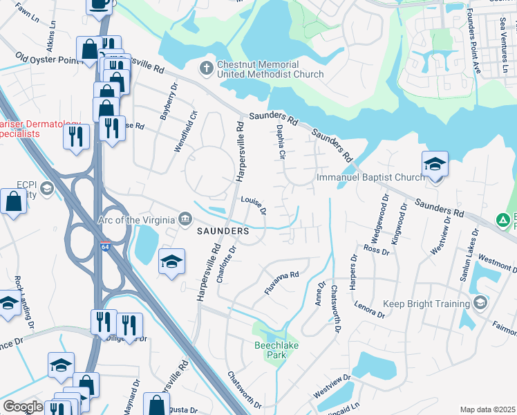 map of restaurants, bars, coffee shops, grocery stores, and more near 229 Louise Drive in Newport News