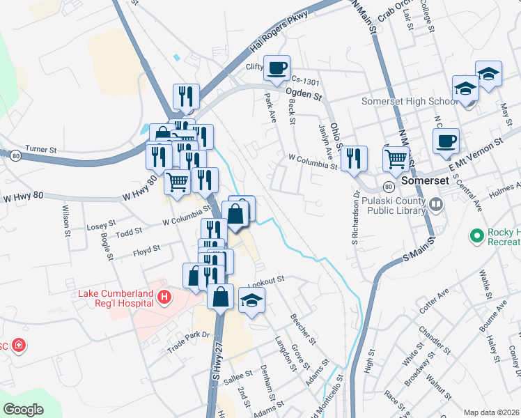 map of restaurants, bars, coffee shops, grocery stores, and more near 801-899 West Columbia Street in Somerset
