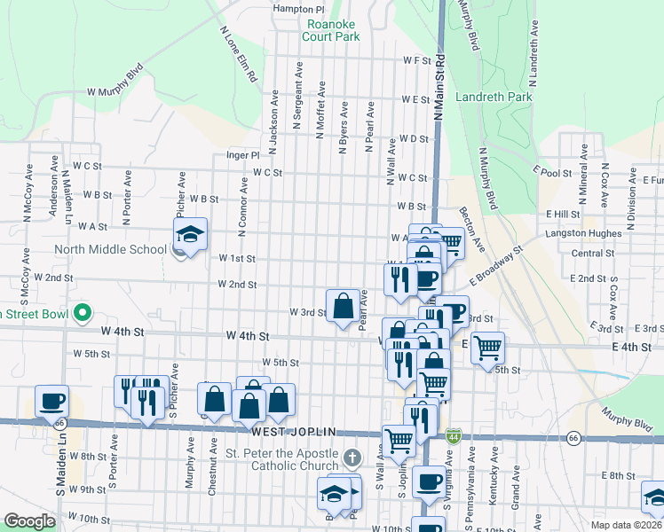 map of restaurants, bars, coffee shops, grocery stores, and more near 104 N Byers Ave in Joplin