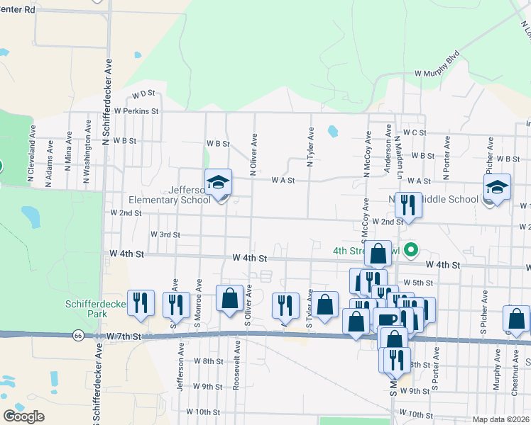 map of restaurants, bars, coffee shops, grocery stores, and more near 2025 West 2nd Street in Joplin