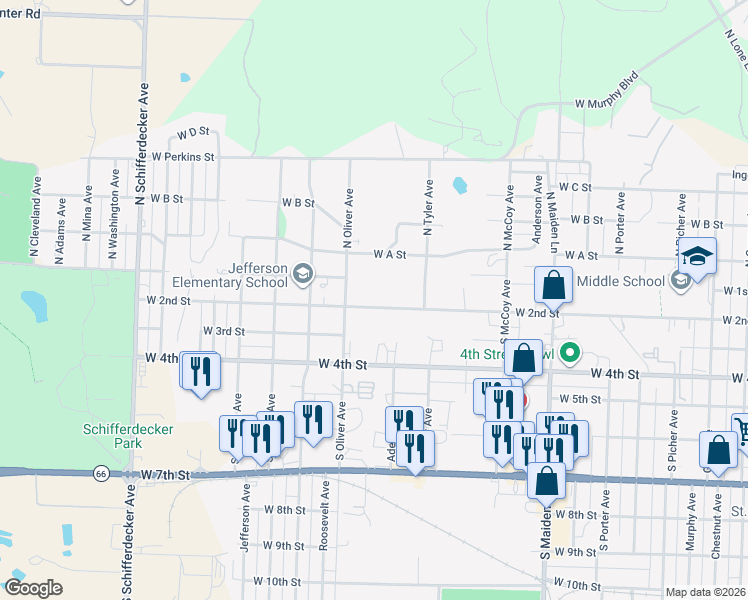 map of restaurants, bars, coffee shops, grocery stores, and more near 2025 West 2nd Street in Joplin