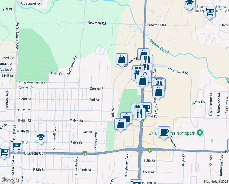 map of restaurants, bars, coffee shops, grocery stores, and more near 129 Turk Avenue in Joplin