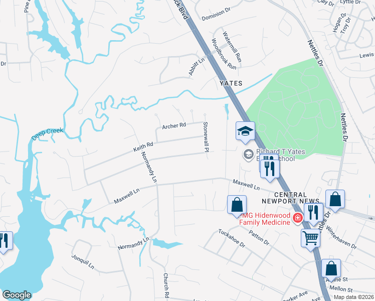 map of restaurants, bars, coffee shops, grocery stores, and more near 137 Milstead Road in Newport News