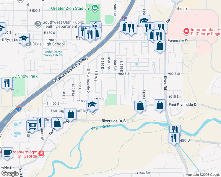 map of restaurants, bars, coffee shops, grocery stores, and more near 859 1010 South Street in St. George