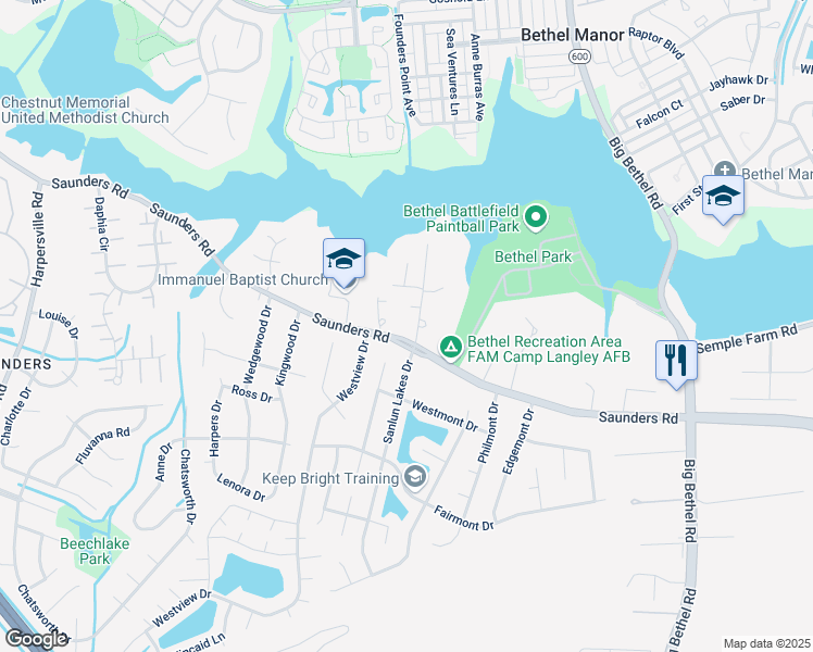 map of restaurants, bars, coffee shops, grocery stores, and more near 5 Betz Lane in Hampton