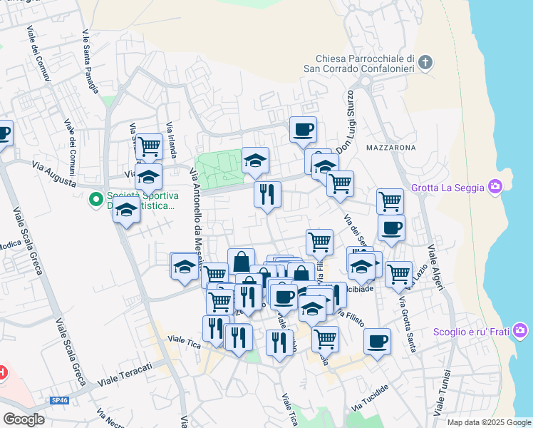 map of restaurants, bars, coffee shops, grocery stores, and more near 59 Via Daniele Monteleoni in Siracusa