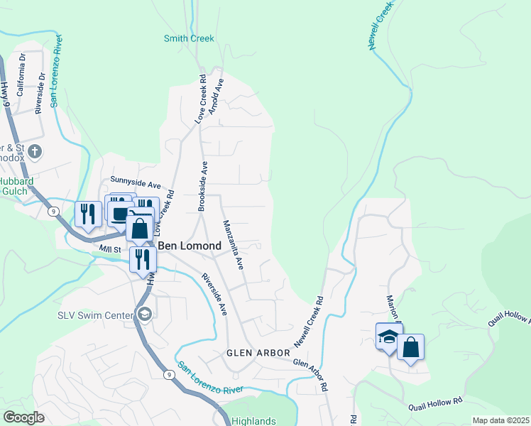 map of restaurants, bars, coffee shops, grocery stores, and more near 194 El Solyo Avenue in Ben Lomond