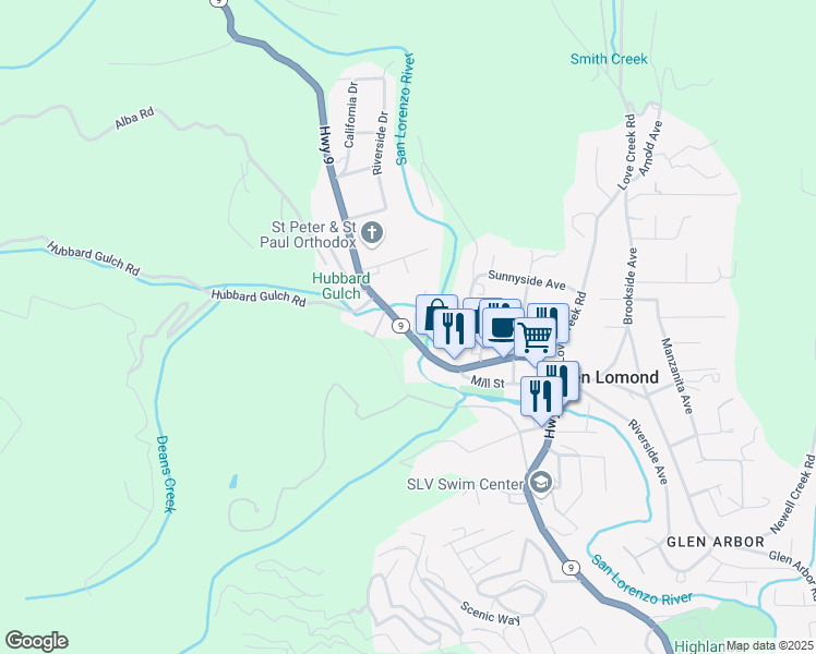 map of restaurants, bars, coffee shops, grocery stores, and more near 9760 Highway 9 in Ben Lomond