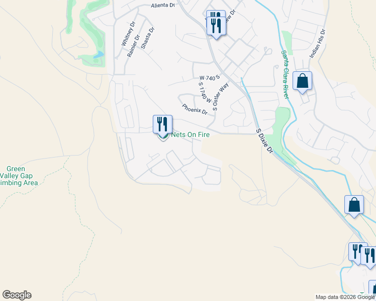 map of restaurants, bars, coffee shops, grocery stores, and more near 1845 West Canyon View Drive in St. George