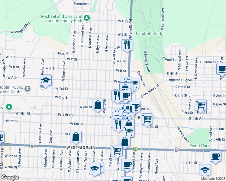 map of restaurants, bars, coffee shops, grocery stores, and more near 298 W 1st St in Joplin