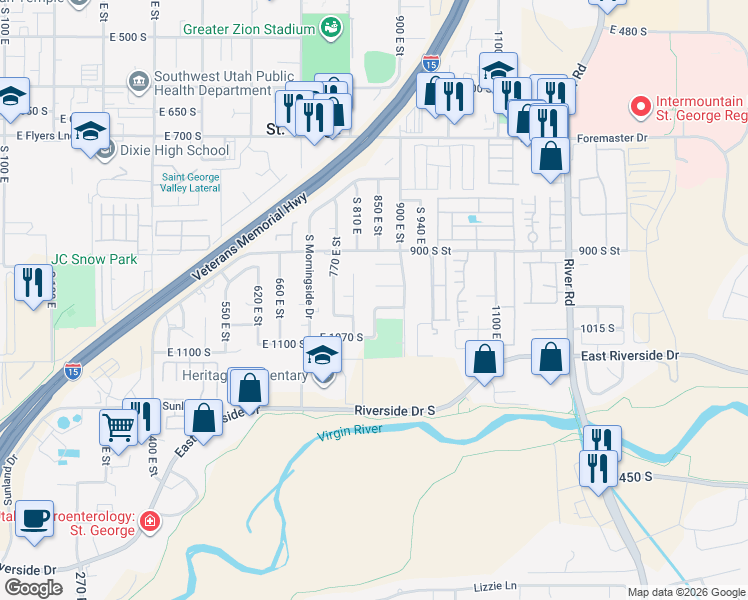 map of restaurants, bars, coffee shops, grocery stores, and more near 841 1010 South Street in St. George