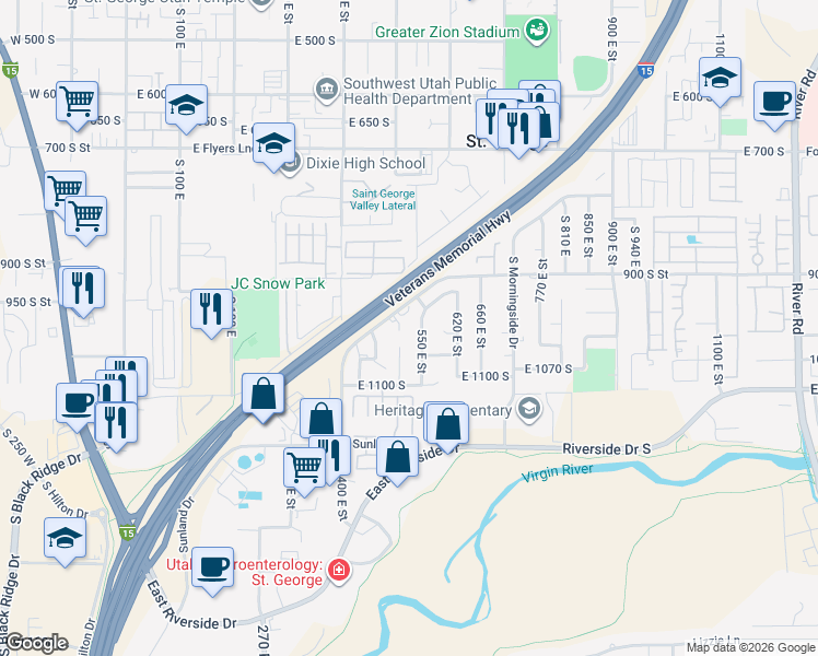 map of restaurants, bars, coffee shops, grocery stores, and more near 1019 South 500 East Circle in St. George