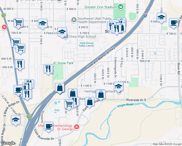 map of restaurants, bars, coffee shops, grocery stores, and more near 1019 South 500 East Circle in St. George