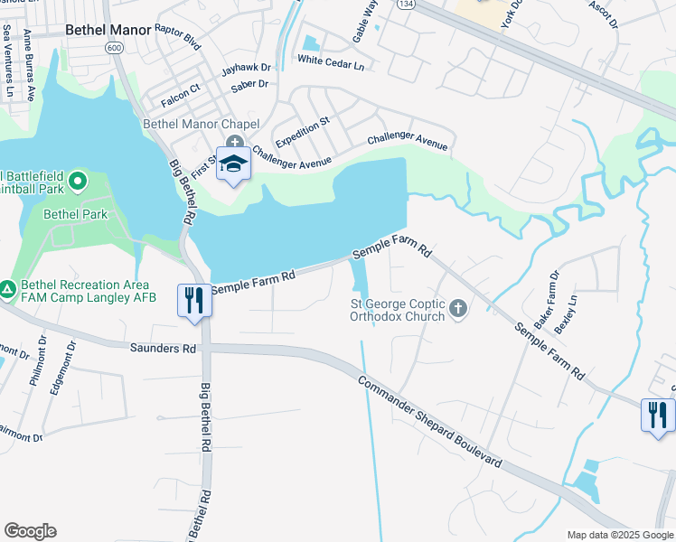 map of restaurants, bars, coffee shops, grocery stores, and more near 74 Old Pond Court in Hampton