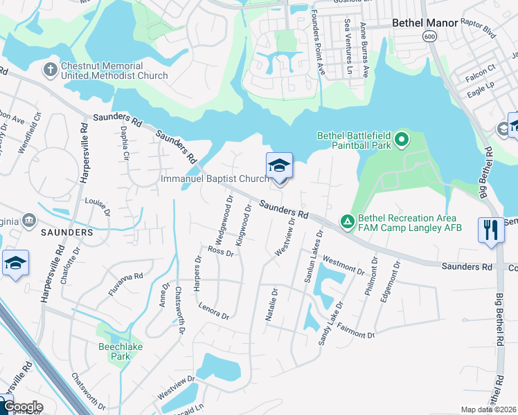 map of restaurants, bars, coffee shops, grocery stores, and more near 3 Kingwood Drive in Newport News