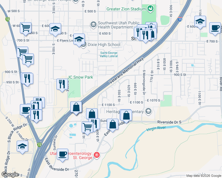 map of restaurants, bars, coffee shops, grocery stores, and more near 494 900 South in St. George