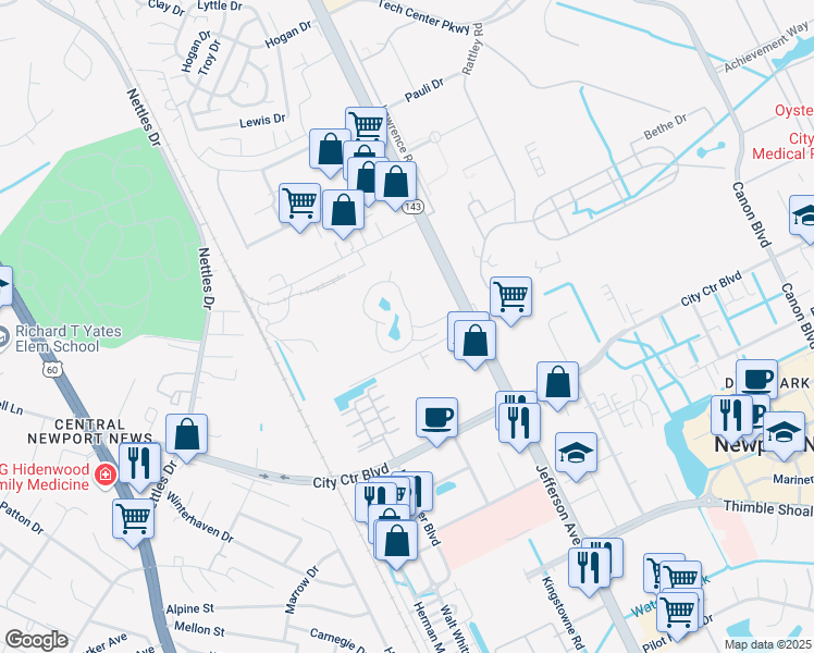 map of restaurants, bars, coffee shops, grocery stores, and more near 311 Saint Thomas Drive in Newport News