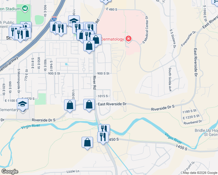 map of restaurants, bars, coffee shops, grocery stores, and more near 995 South River Road in St. George