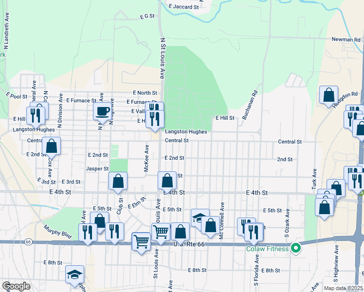 map of restaurants, bars, coffee shops, grocery stores, and more near 112 South Park Avenue in Joplin