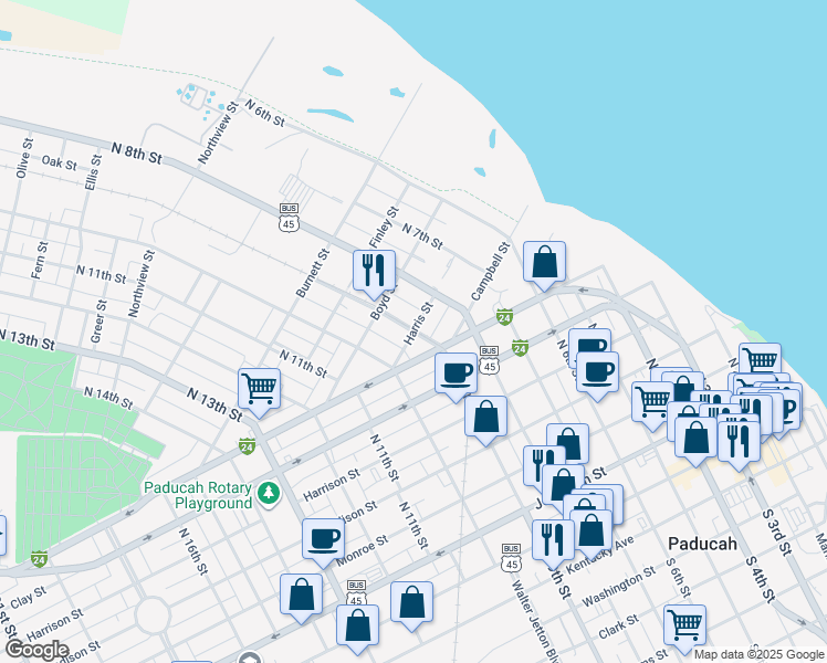 map of restaurants, bars, coffee shops, grocery stores, and more near Harris Street in Paducah