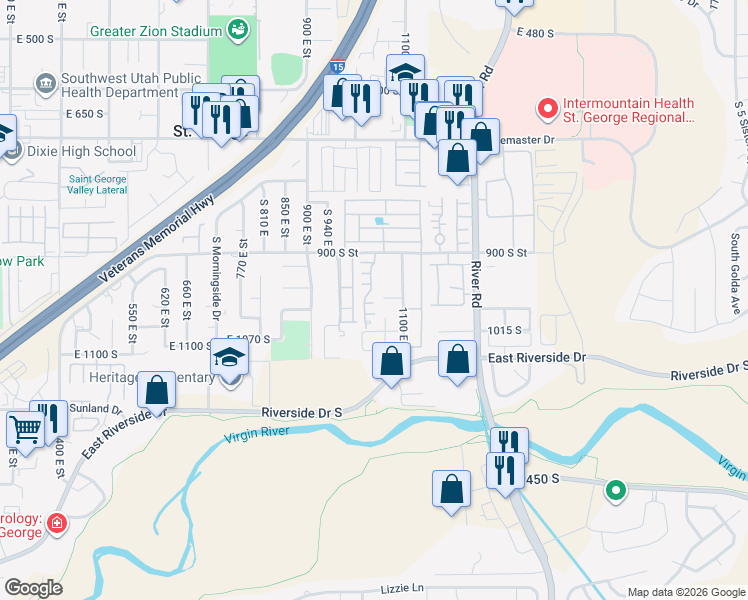 map of restaurants, bars, coffee shops, grocery stores, and more near 1040 East 900 South in St. George