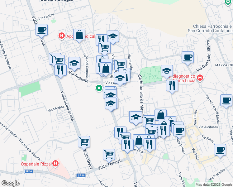 map of restaurants, bars, coffee shops, grocery stores, and more near 4 Via Unione Sovietica in Siracusa