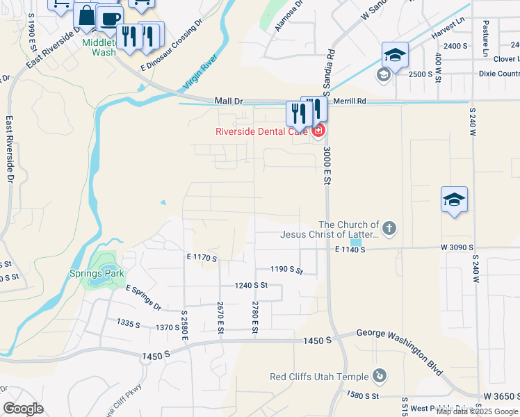 map of restaurants, bars, coffee shops, grocery stores, and more near 2799 Stonedale Drive in St. George