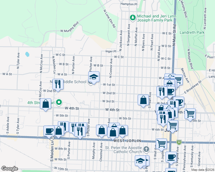 map of restaurants, bars, coffee shops, grocery stores, and more near 111 South Connor Avenue in Joplin