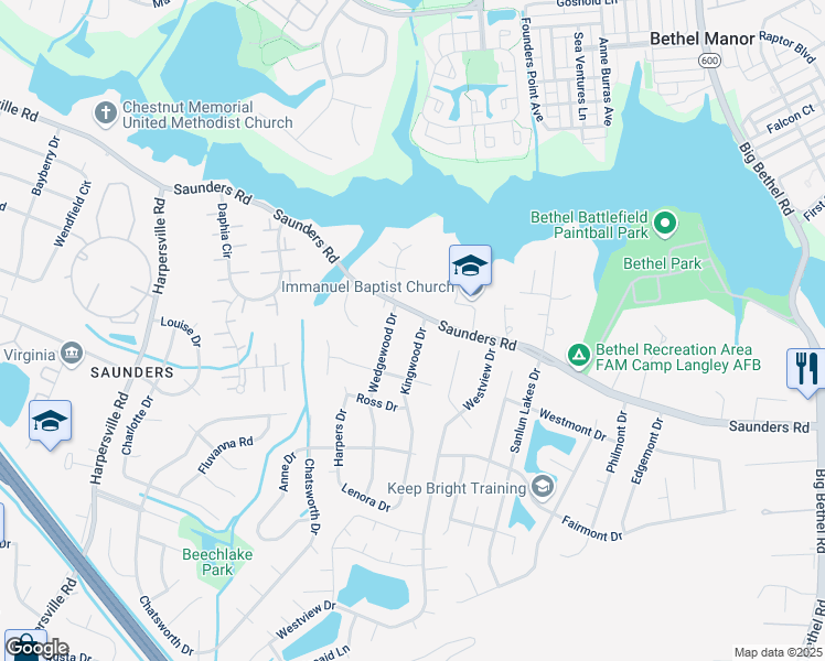 map of restaurants, bars, coffee shops, grocery stores, and more near 3 Kingwood Drive in Newport News