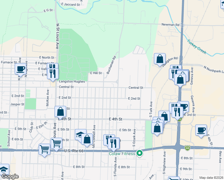 map of restaurants, bars, coffee shops, grocery stores, and more near 109 South Brownell Avenue in Joplin