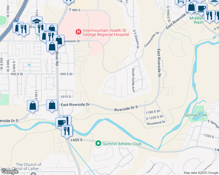 map of restaurants, bars, coffee shops, grocery stores, and more near Rocky Point Way in St. George