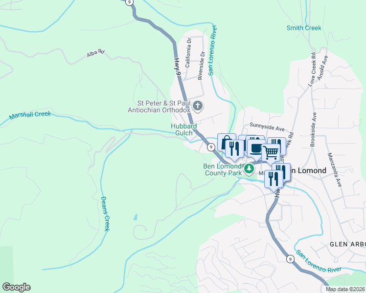 map of restaurants, bars, coffee shops, grocery stores, and more near 149 Hubbard Gulch Road in Ben Lomond