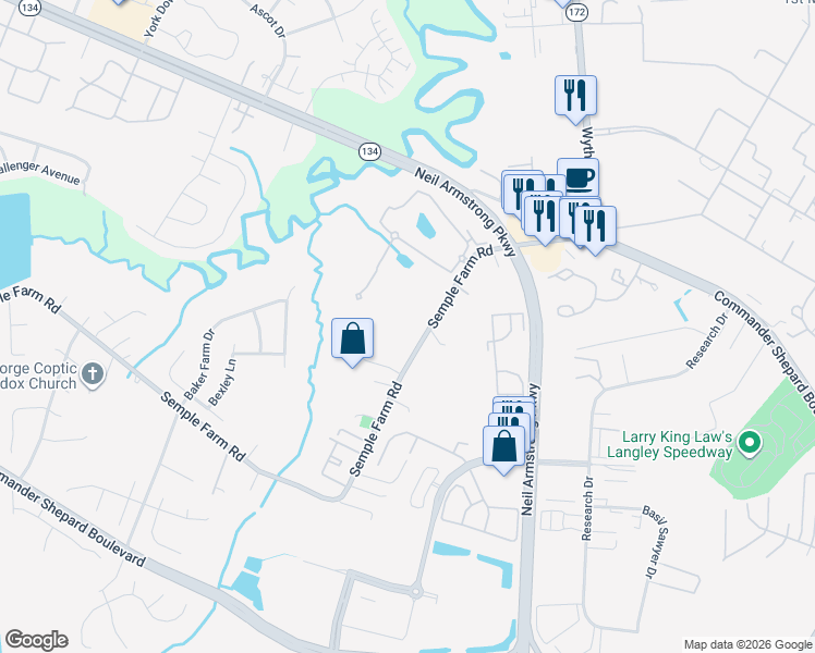 map of restaurants, bars, coffee shops, grocery stores, and more near 68 Semple Farm Road in Hampton