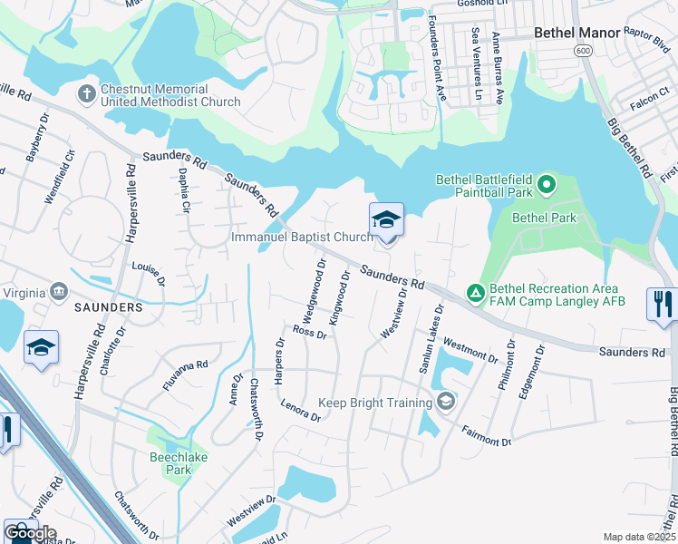 map of restaurants, bars, coffee shops, grocery stores, and more near 3 Kingwood Drive in Newport News