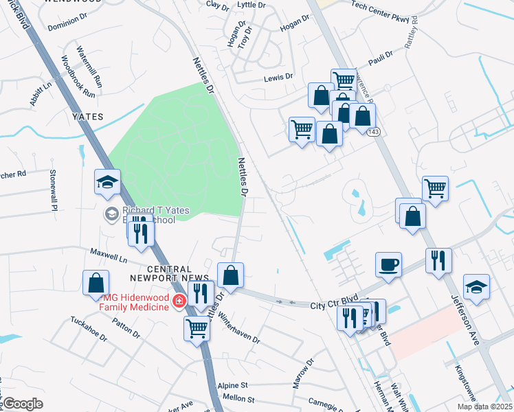 map of restaurants, bars, coffee shops, grocery stores, and more near 12756 Nettles Drive in Newport News