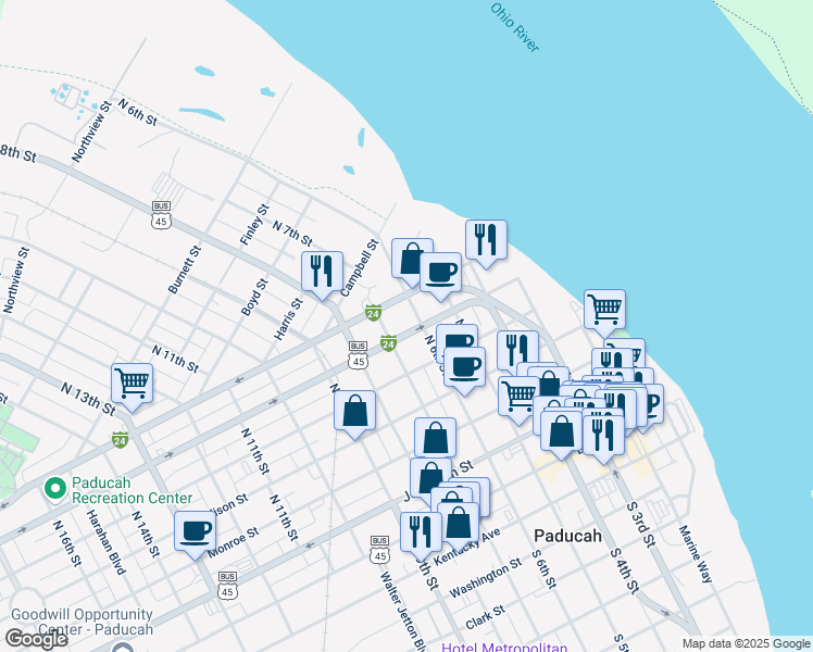 map of restaurants, bars, coffee shops, grocery stores, and more near 602 North 7th Street in Paducah